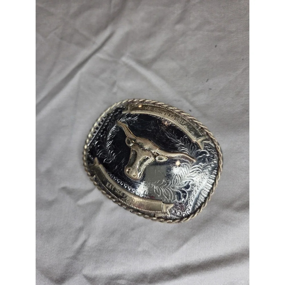 Vintage Bull Longhorn Cowboy Belt Buckle - Nickel Silver
